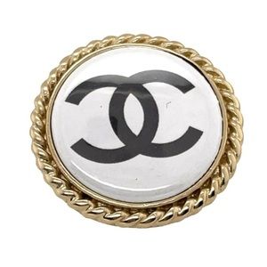 CHANEL Vintage CC Logo Emblem Brooch White Black Gold